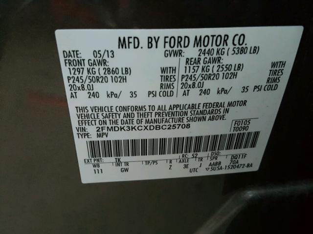 2FMDK3KCXDBC25708 - 2013 FORD EDGE LIMIT GRAY photo 10