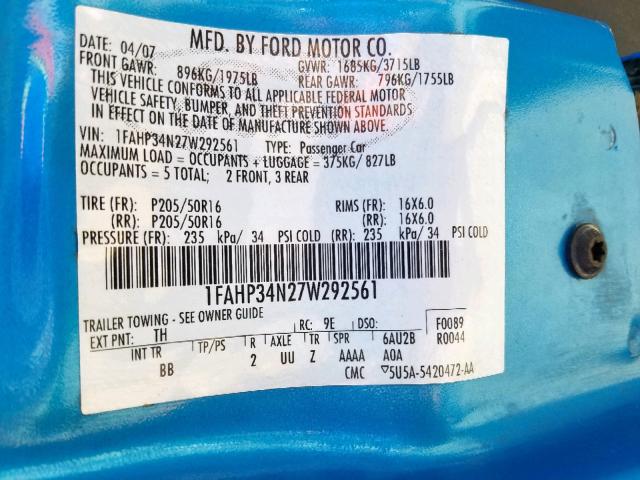 1FAHP34N27W292561 - 2007 FORD FOCUS ZX4 BLUE photo 10