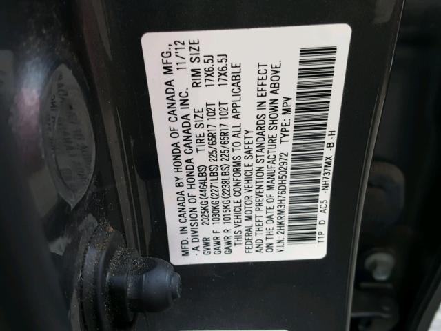 2HKRM3H76DH502972 - 2013 HONDA CR-V EXL GRAY photo 10