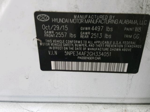 5NPE34AF2GH334051 - 2016 HYUNDAI SONATA SPO WHITE photo 10