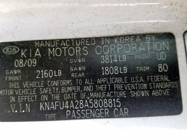 KNAFU4A28A5808815 - 2010 KIA FORTE EX WHITE photo 10