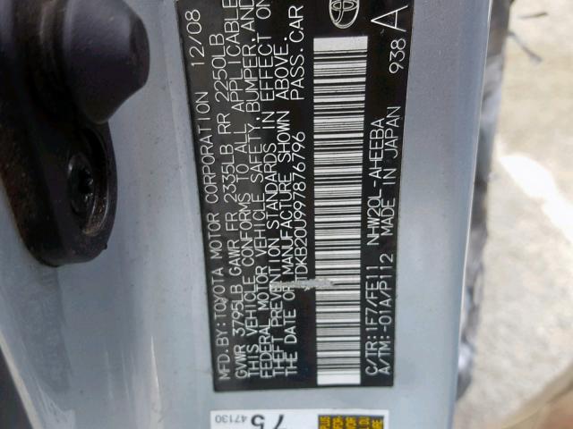 JTDKB20U997876796 - 2009 TOYOTA PRIUS SILVER photo 10