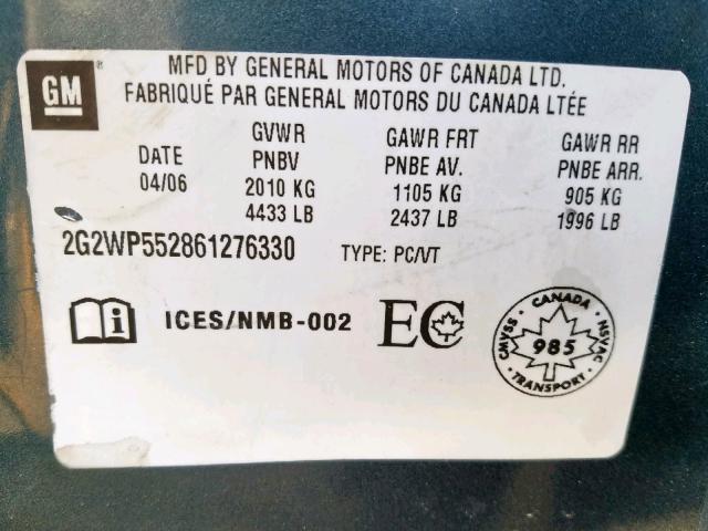 2G2WP552861276330 - 2006 PONTIAC GRAND PRIX BLUE photo 10