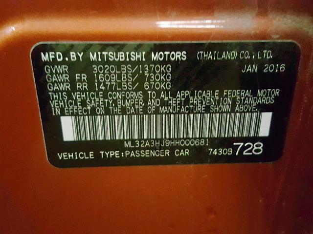 ML32A3HJ9HH000681 - 2017 MITSUBISHI MIRAGE ES ORANGE photo 10