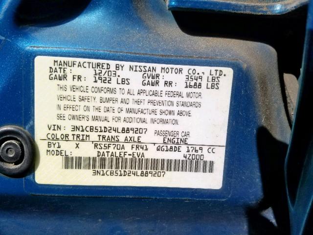 3N1CB51D24L889207 - 2004 NISSAN SENTRA 1.8 BLUE photo 10