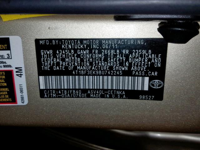 4T1BF3EK9BU742245 - 2011 TOYOTA CAMRY BASE GOLD photo 10