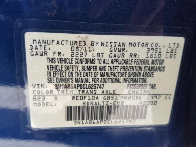 3N1AB6AP0CL625747 - 2012 NISSAN SENTRA 2.0 BLUE photo 10