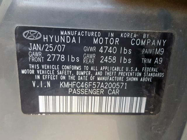 KMHFC46F57A200571 - 2007 HYUNDAI AZERA SE CHARCOAL photo 10