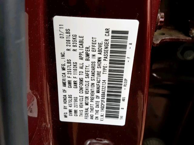 1HGCP3F86BA032134 - 2011 HONDA ACCORD EXL BURGUNDY photo 10