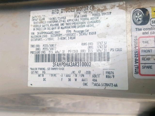 3FAHP0HA3AR310002 - 2010 FORD FUSION SE GOLD photo 10