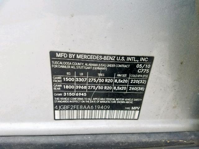 4JGBF2FE8AA619409 - 2010 MERCEDES-BENZ GL 350 BLU SILVER photo 10