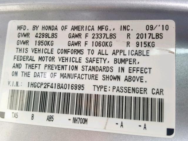 1HGCP2F41BA016995 - 2011 HONDA ACCORD LXP SILVER photo 10