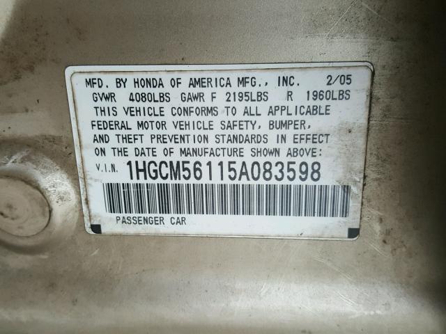 1HGCM56115A083598 - 2005 HONDA ACCORD DX GOLD photo 10