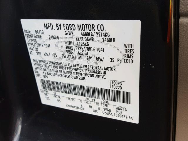 1FMCU5K30AKC89288 - 2010 FORD ESCAPE HYB GRAY photo 10