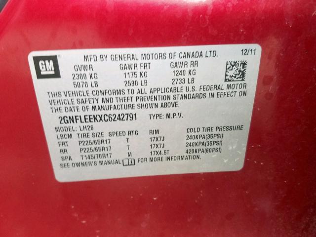 2GNFLEEKXC6242791 - 2012 CHEVROLET EQUINOX LT RED photo 10