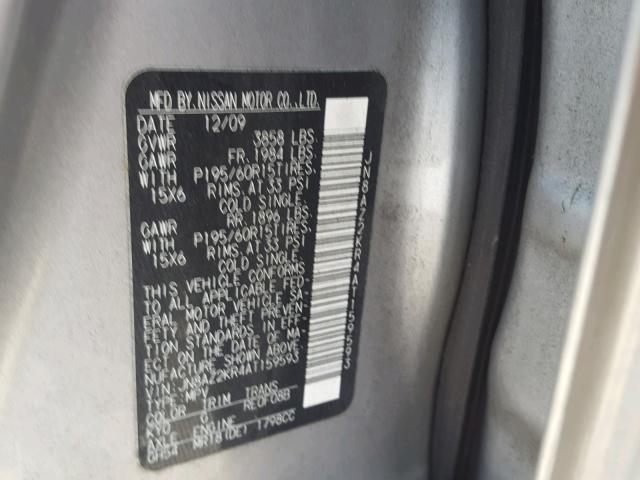 JN8AZ2KR4AT159593 - 2010 NISSAN CUBE BASE SILVER photo 10