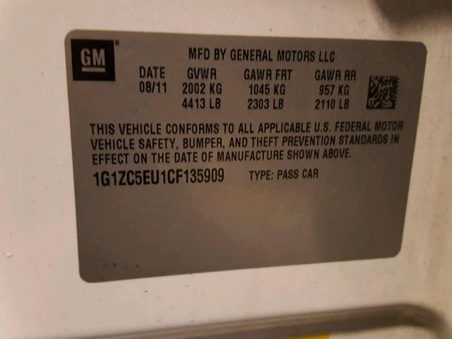 1G1ZC5EU1CF135909 - 2012 CHEVROLET MALIBU 1LT 白色 照片 10