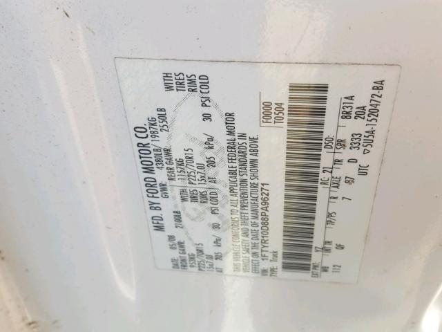 1FTYR10D88PA96271 - 2008 FORD RANGER WHITE photo 10