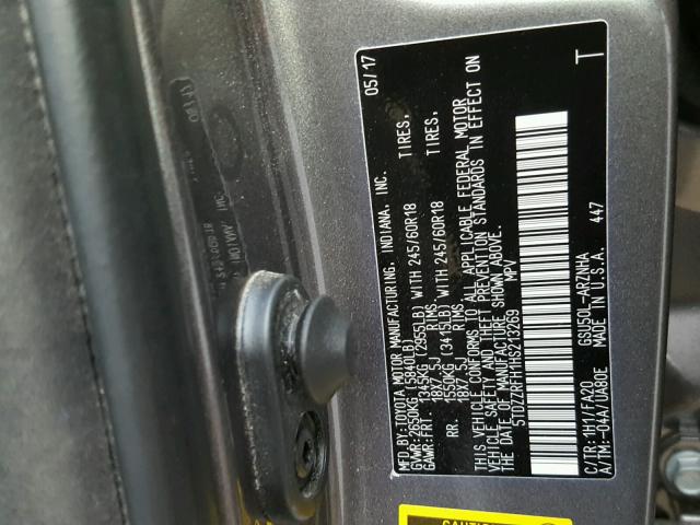 5TDZZRFH1HS213269 - 2017 TOYOTA HIGHLANDER GRAY photo 10