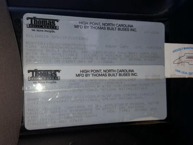 4UZABRDK09CAG5869 - 2009 FREIGHTLINER CHASSIS B2 黄色 照片 10