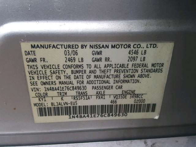 1N4BA41E76C849630 - 2006 NISSAN MAXIMA SE SILVER photo 10