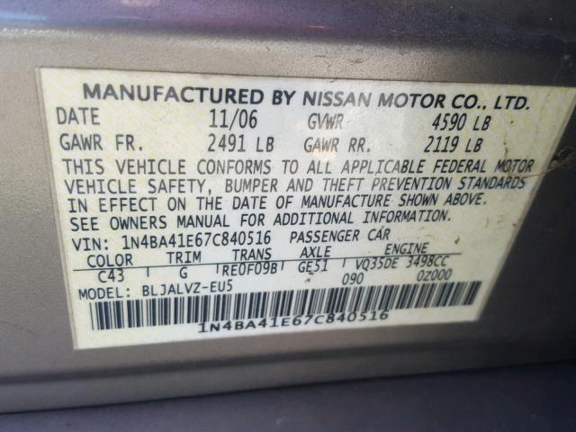 1N4BA41E67C840516 - 2007 NISSAN MAXIMA SE GRAY photo 10