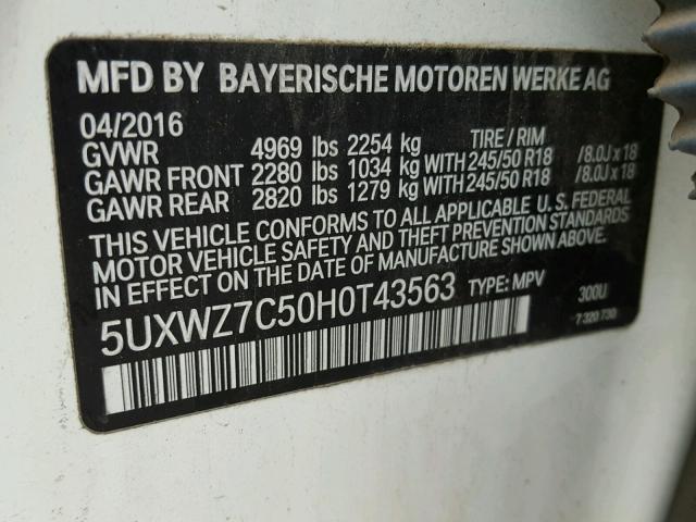 5UXWZ7C50H0T43563 - 2017 BMW X3 SDRIVE2 Weiß Foto 10