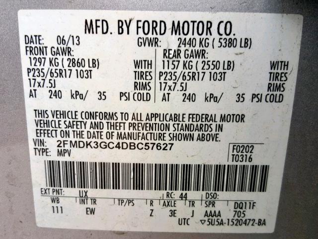 2FMDK3GC4DBC57627 - 2013 FORD EDGE SE SILVER photo 10