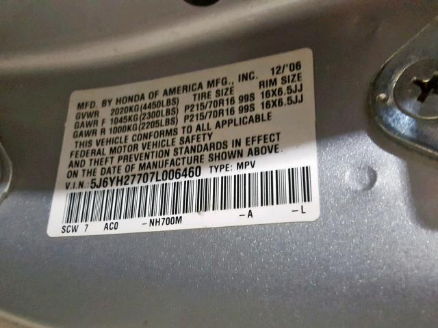 5J6YH27707L006460 - 2007 HONDA ELEMENT EX GRAY photo 10