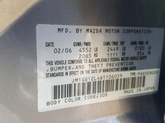 JM1GG12L461106039 - 2006 MAZDA SPEED 6 SILVER photo 10