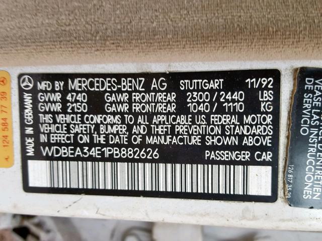 WDBEA34E1PB882626 - 1993 MERCEDES-BENZ 400 E WHITE photo 10