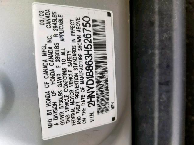 2HNYD18863H526750 - 2003 ACURA MDX TOURIN SILVER photo 10