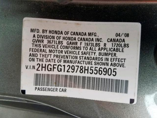 2HGFG12978H556905 - 2008 HONDA CIVIC EXL 灰色 照片 10