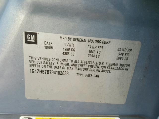 1G1ZH57B794182833 - 2009 CHEVROLET MALIBU 1LT BLUE photo 10