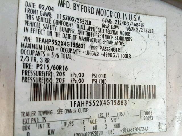 1FAHP552X4G158631 - 2004 FORD TAURUS SES SILVER photo 10