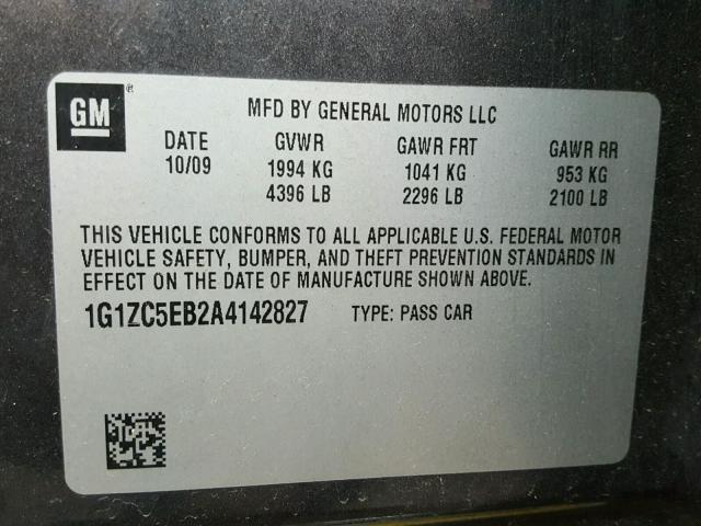 1G1ZC5EB2A4142827 - 2010 CHEVROLET MALIBU 1LT CHARCOAL photo 10