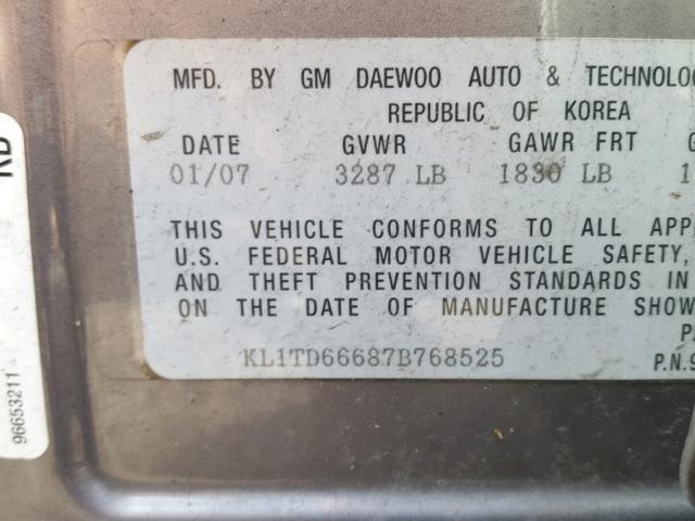 KL1TD66687B768525 - 2007 CHEVROLET AVEO BASE 银色 照片 10