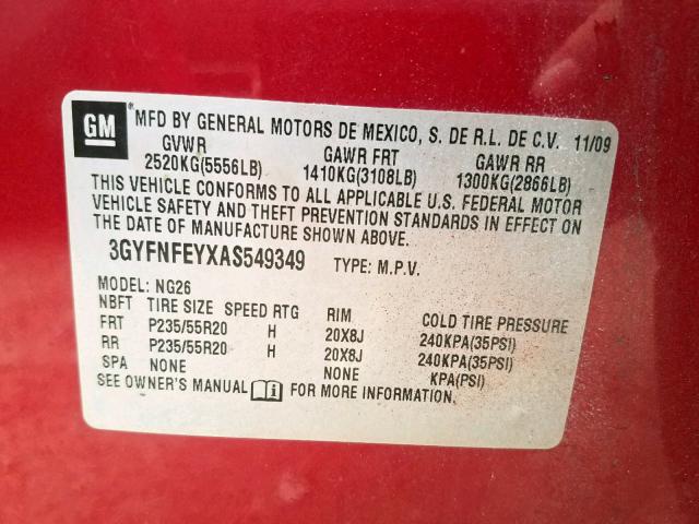 3GYFNFEYXAS549349 - 2010 CADILLAC SRX PREMIU RED photo 10