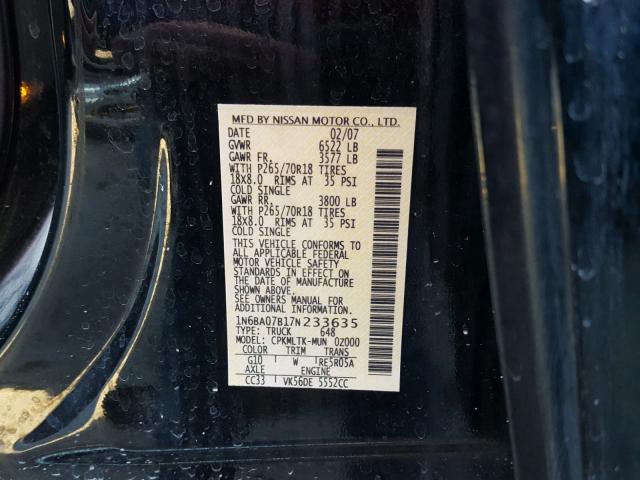 1N6BA07B17N233635 - 2007 NISSAN TITAN XE BLACK photo 10