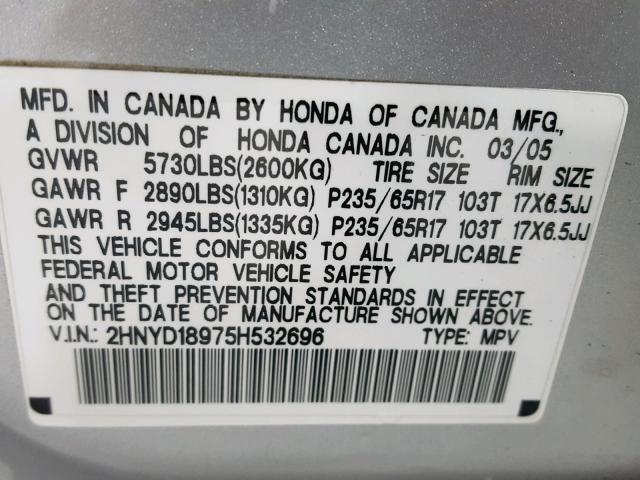 2HNYD18975H532696 - 2005 ACURA MDX TOURIN SILVER photo 10