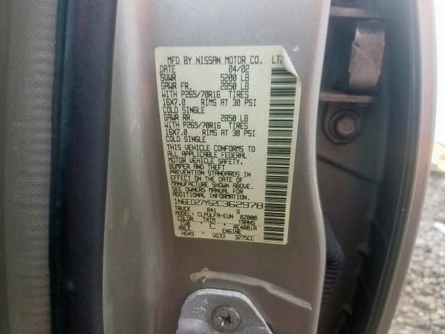 1N6ED27Y62C362978 - 2002 NISSAN FRONTIER C SILVER photo 10