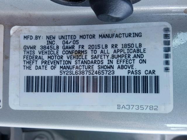 5Y2SL63875Z465723 - 2005 PONTIAC VIBE SILVER photo 10