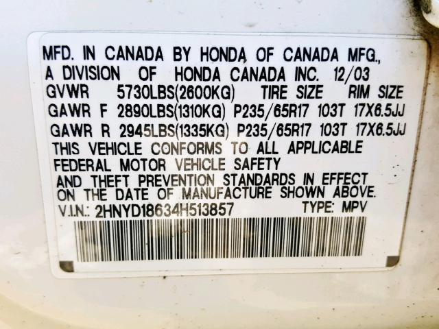 2HNYD18634H513857 - 2004 ACURA MDX TOURIN WHITE photo 10