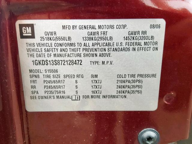 1GKDS13S872128472 - 2007 GMC ENVOY BURGUNDY photo 10