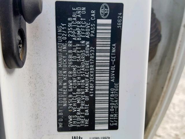 4T4BF3EKXBR178532 - 2011 TOYOTA CAMRY BASE 白色 照片 10