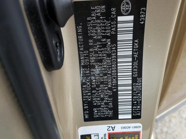 4T1BK3DB6BU396345 - 2011 TOYOTA AVALON BAS GOLD photo 10