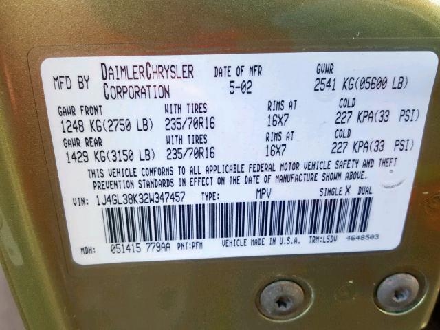 1J4GL38K32W347457 - 2002 JEEP LIBERTY RE GREEN photo 10