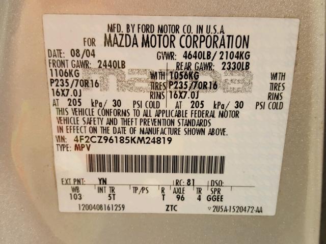 4F2CZ96185KM24819 - 2005 MAZDA TRIBUTE S SILVER photo 10