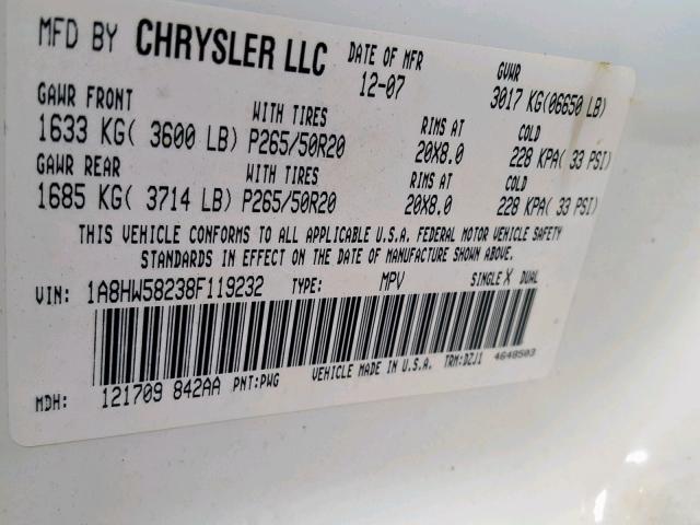 1A8HW58238F119232 - 2008 CHRYSLER ASPEN LIMI WHITE photo 10