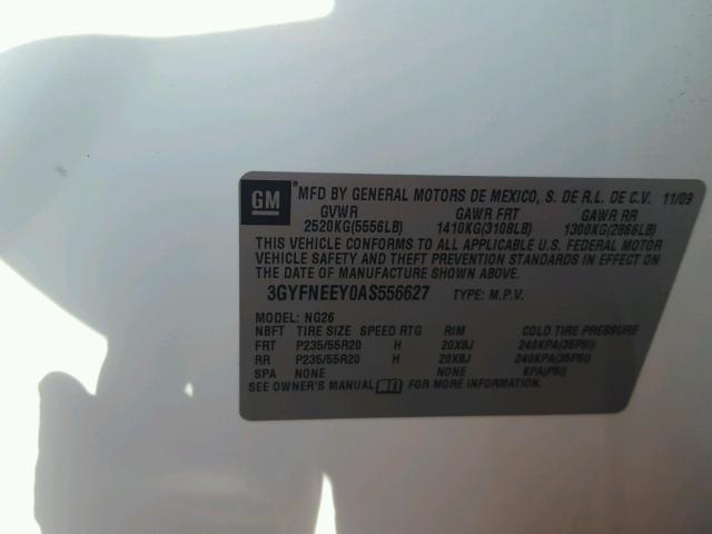 3GYFNEEY0AS556627 - 2010 CADILLAC SRX PERFOR WHITE photo 10